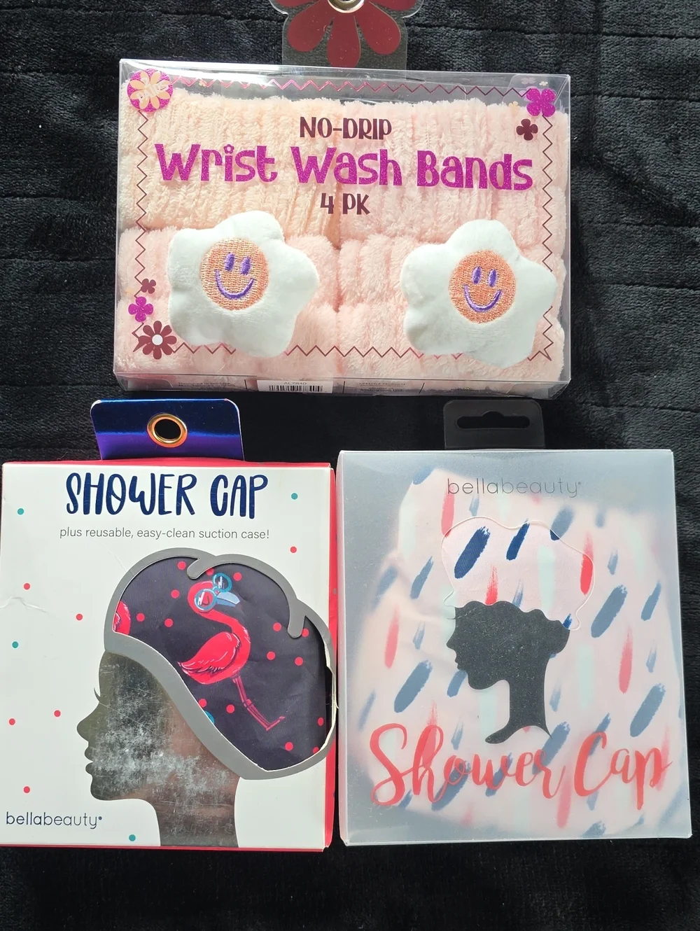 Bundle Of 3 Beauty Products ~ 2 Shower Caps And 4 Piece Wrist Wash Band Set